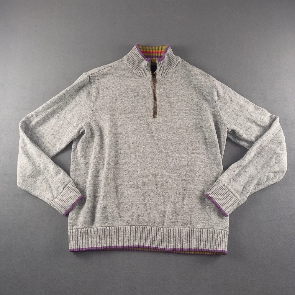 Robert Graham Mens Gray Cotton Quarter Zip Sweater Classic Fit Striped Trim L